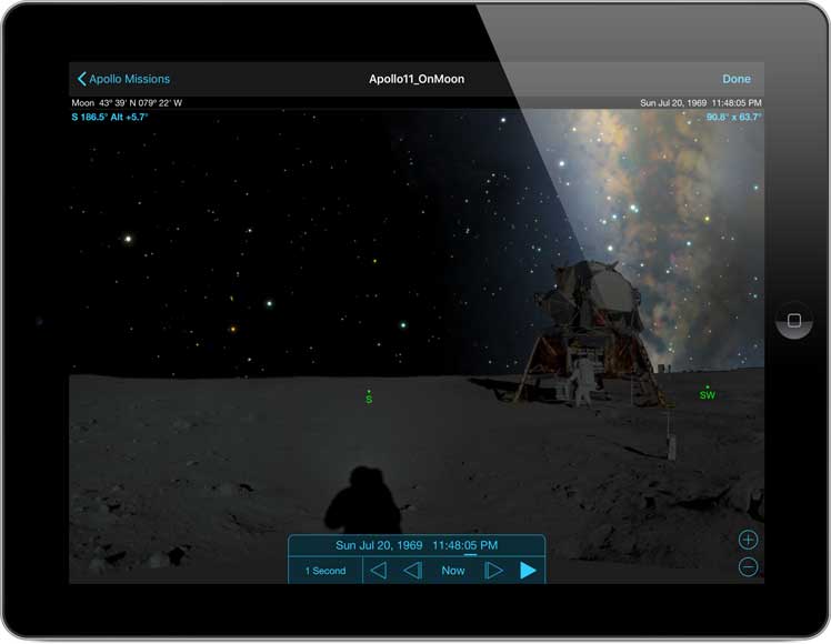 SkySafari 6 on iPad with Apollo 11 Lunar Landing July 20, 1969