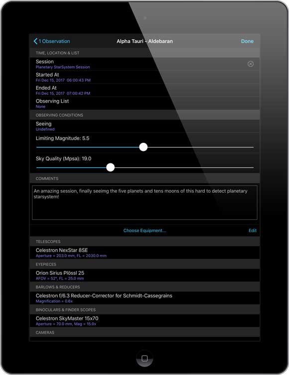 SkySafari 5 on iPad with Telescope Control